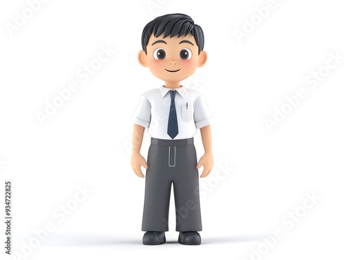 Full Body 3D Animated Render of a Young Boy Wearing a Teacher s Aide Uniform Standing Upright and Centered on a Plain White Background with No Shadows