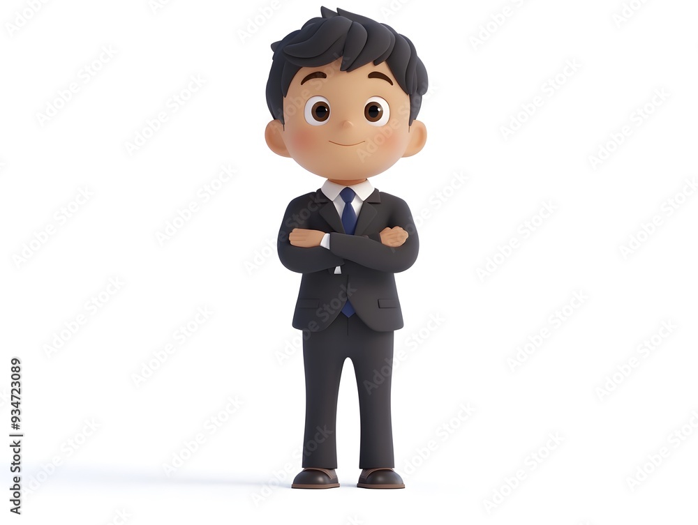 3D animation of a young boy in a full body businessperson uniform standing at the center of a white studio background isolated without any shadow or additional elements 3D animation of a young boy in a full body businessperson uniform standing at the center of a white studio background isolated without any shadow or additional elements