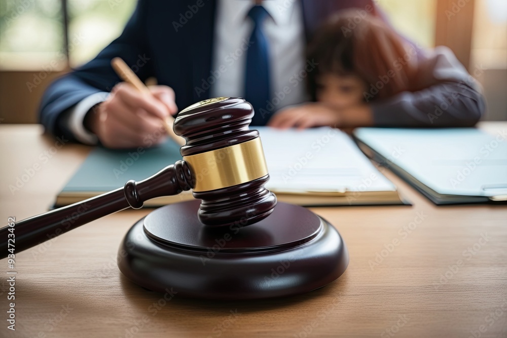 Emotional Gavel Presence with Blurred Child in Court Setting Reflecting Family Dynamics and Custody Issues Emotional Gavel Presence with Blurred Child in Court Setting Reflecting Family Dynamics and Custody Issues