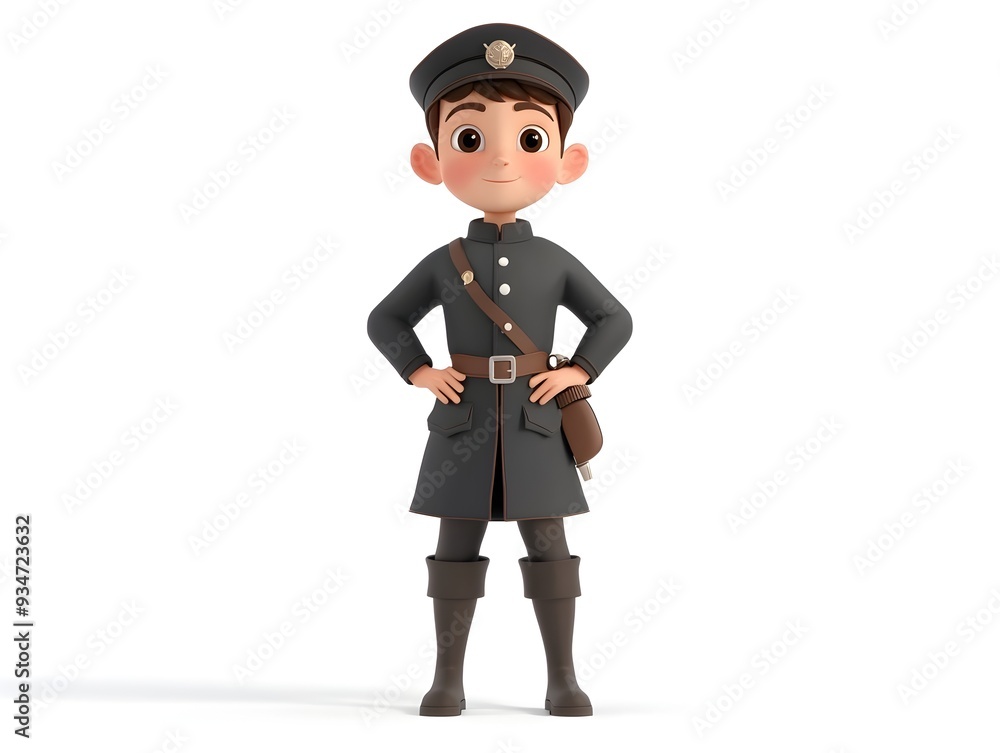 Confident 3D animated full body boy figure in a formal historian uniform standing proudly at the center of a white background with no shadow creating a clean and professional look for educational Confident 3D animated full body boy figure in a formal historian uniform standing proudly at the center of a white background with no shadow creating a clean and professional look for educational