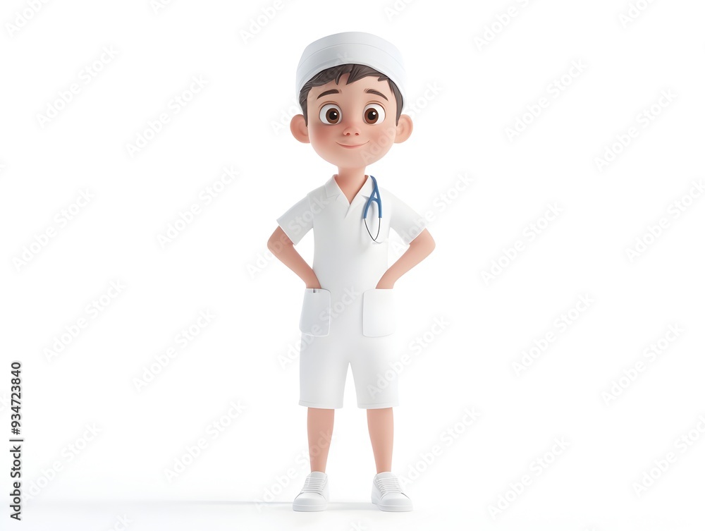 Detailed 3D Animation of a Young Male Character Wearing a Nurse Uniform and Standing Isolated on a Plain White Background Representing the Medical Healthcare Profession Detailed 3D Animation of a Young Male Character Wearing a Nurse Uniform and Standing Isolated on a Plain White Background Representing the Medical Healthcare Profession