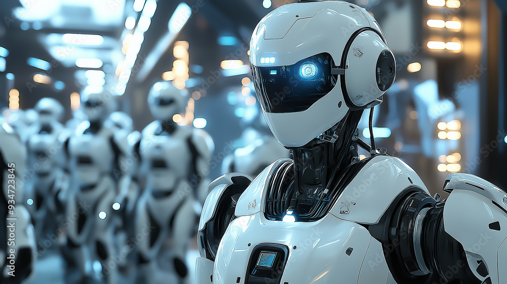 A sci-fi inspired metropolis with intelligent robots managing public services and security A sci-fi inspired metropolis with intelligent robots managing public services and security