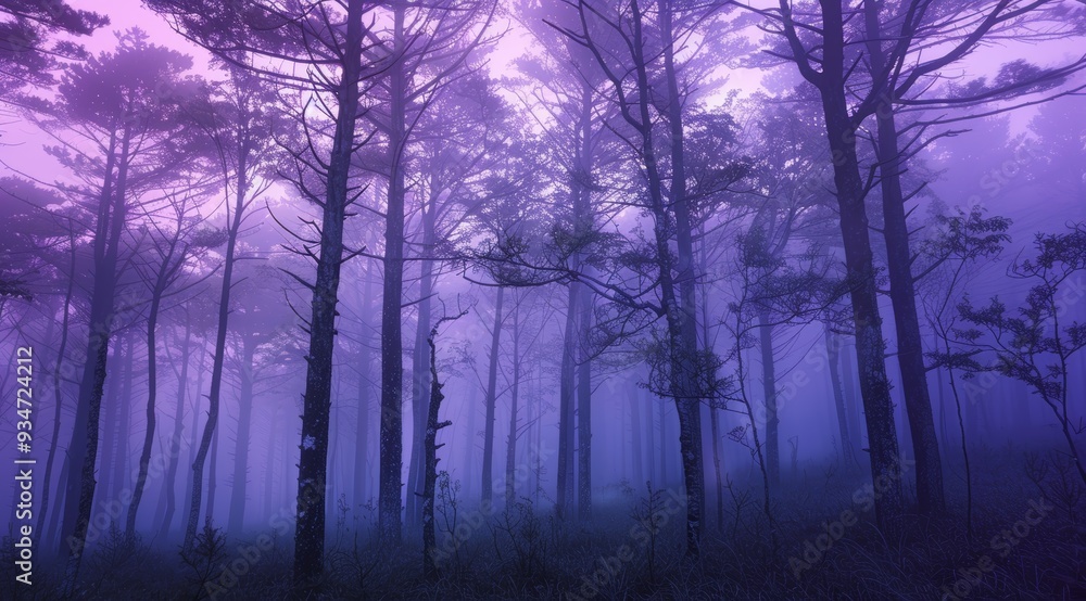 Silhouetted Trees in a Purple Foggy Forest Silhouetted Trees in a Purple Foggy Forest