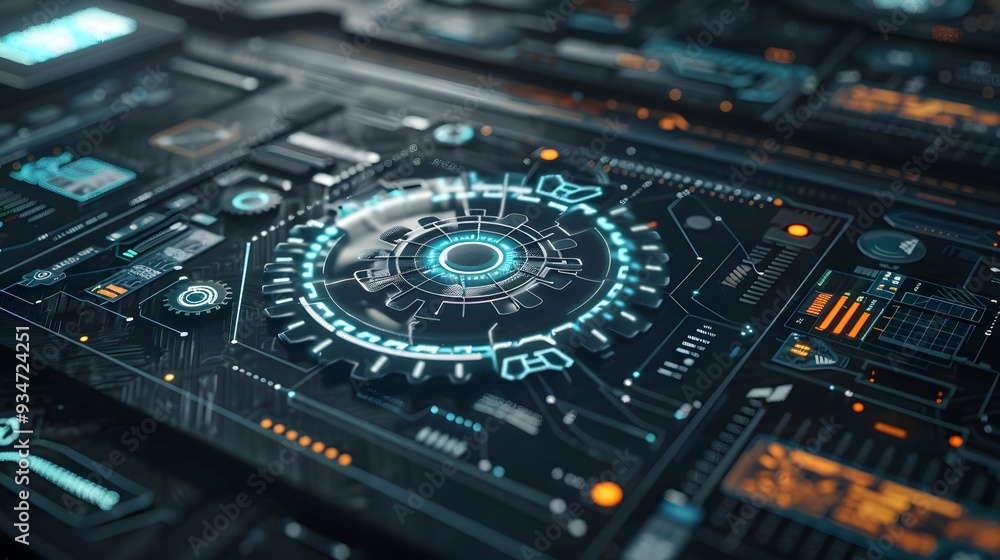 Gears icon on screen. Business and industrial process automation RPA Technology concept. Gears icon on screen. Business and industrial process automation RPA Technology concept.