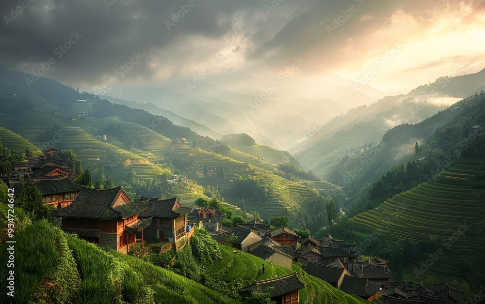 Obraz premium A Chinese Village Nestled in Lush Green Terraces Under a Cloudy Sky