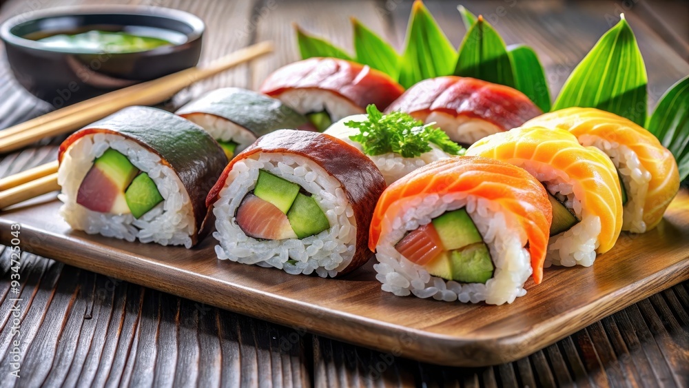 Traditional Japanese sushi with fresh salmon, tuna, avocado, and rice rolls , sushi, traditional, Japanese, fresh, ingredients Traditional Japanese sushi with fresh salmon, tuna, avocado, and rice rolls , sushi, traditional, Japanese, fresh, ingredients