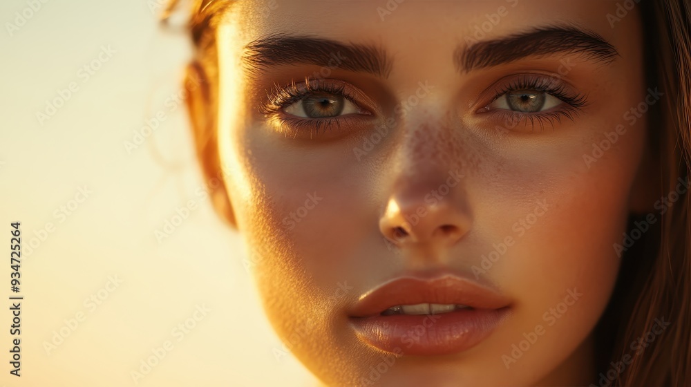 Close-Up Portrait of a Young Woman with Freckles and Natural Makeup in Warm Sunset Light Close-Up Portrait of a Young Woman with Freckles and Natural Makeup in Warm Sunset Light