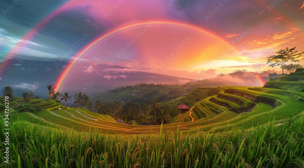 Double Rainbow Over Green Rice Terraces at Sunset Double Rainbow Over Green Rice Terraces at Sunset