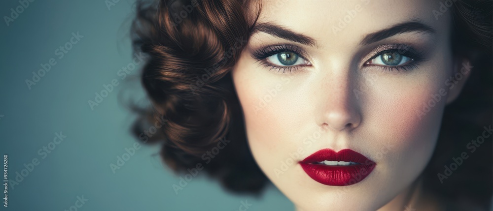 Fototapeta premium Stunning Portrait of a Woman with Red Lips and Curly Hair, Capturing Elegance and Beauty in High-Resolution Detail