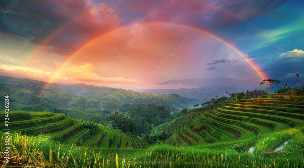 Obraz premium Rainbow Over Lush Green Rice Terraces