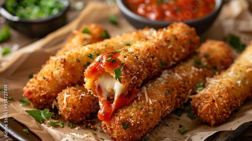 Breaded Cheddar Cheese Sticks with Marinara Dipping Sauce photo