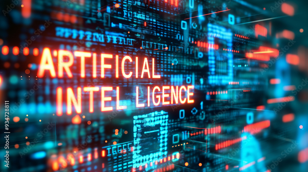 word ARTIFICIAL INTELLIGENCE augmented reality hologram display with binary codes in background, futuristic AI technology background wallpaper word ARTIFICIAL INTELLIGENCE augmented reality hologram display with binary codes in background, futuristic AI technology background wallpaper