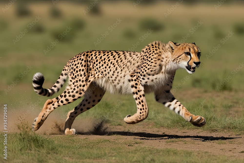 Fototapeta premium Exciting Cheetah Close-Up Sprinting Across Grasslands