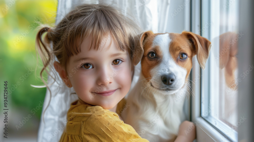 Child and Dog Bonding by Window, Tranquil Home Scene Child and Dog Bonding by Window, Tranquil Home Scene
