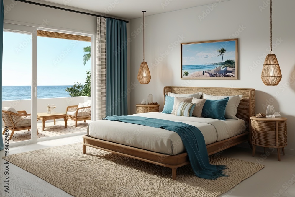 Fototapeta premium Cozy Coastal Bedroom Mockup: Spacious 3D Design and Serene Atmosphere