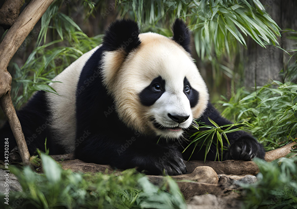 Fototapeta premium Panda Contently Munching Bamboo