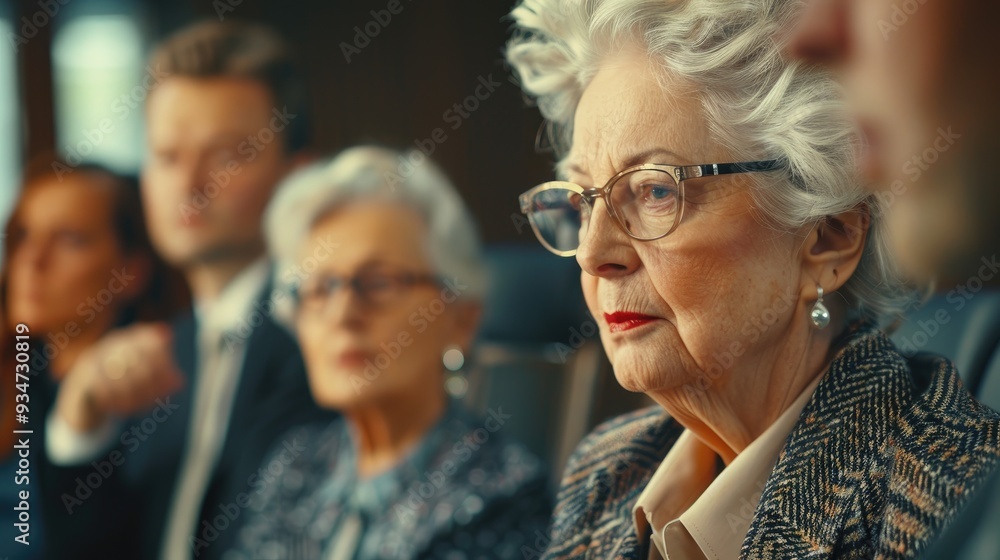 Senior woman executive sitting in a meeting room with a group of professionals conducting a workplace meeting. Senior woman executive sitting in a meeting room with a group of professionals conducting a workplace meeting.