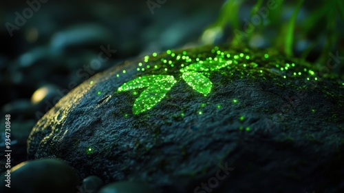 Glowing Green Leaves on a Rock in a Dark Forest - Nature's Bioluminescence