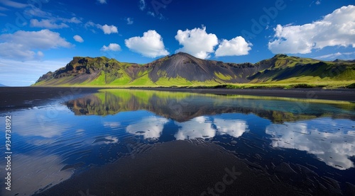 Mountain Range Reflected in Calm Water on a Black Sand Beach