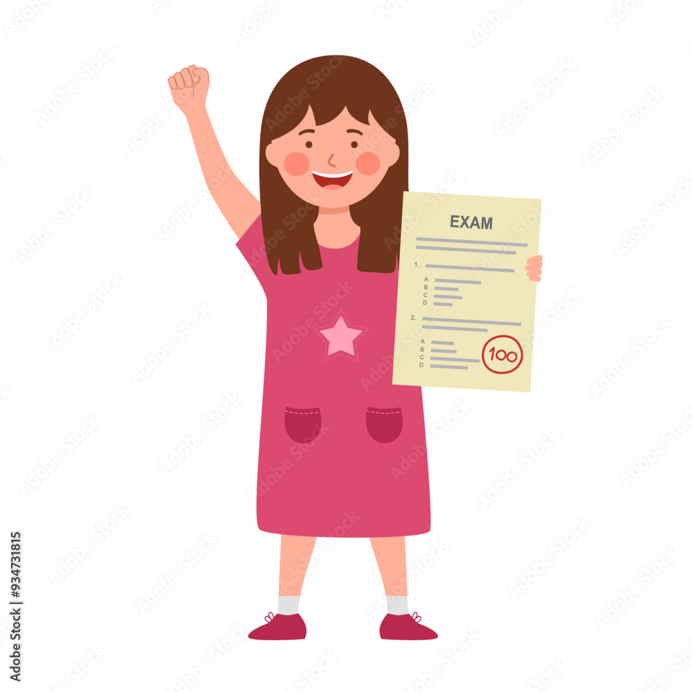 Happy girl student holding her excellent exam test result report. Happy girl student holding her excellent exam test result report.