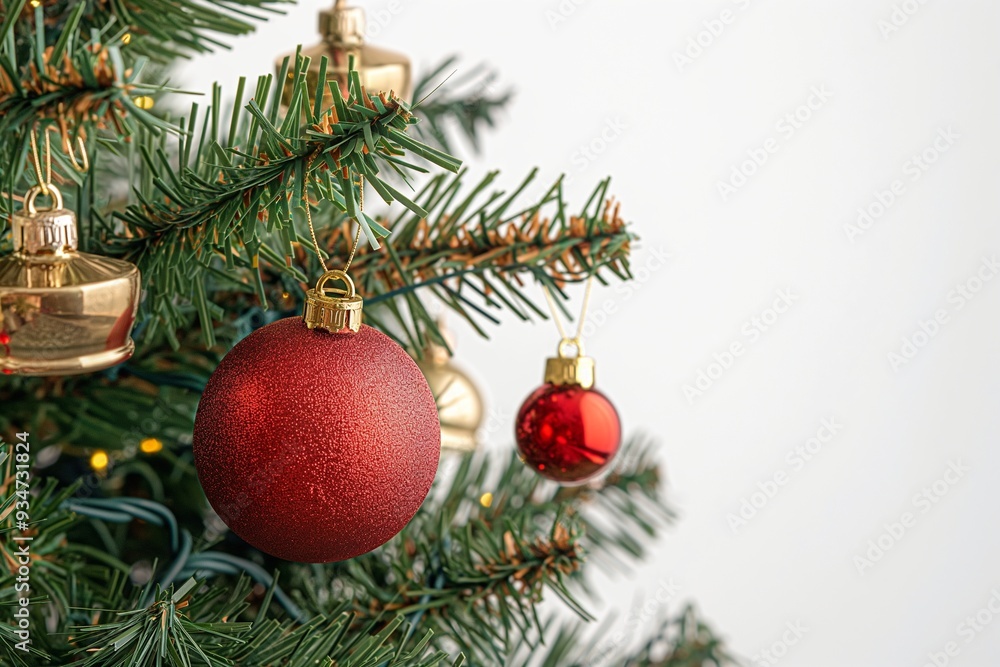 Christmas tree with red ball and golden bells on white background Christmas tree with red ball and golden bells on white background