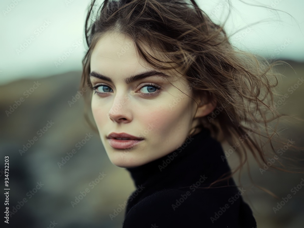 Naklejka premium Portrait of a Young Woman with Windblown Hair in a Natural Outdoor Setting