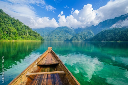 Wooden Boat on Tranquil Lake Surrounded by Lush Green Mountains