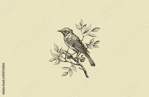 Birds perched on tree branch vintage engraving design vector illustration