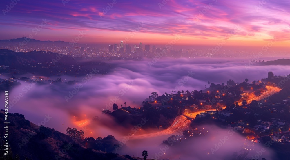 Cityscape with Fog, Light Trails, and a Pink Sunset Cityscape with Fog, Light Trails, and a Pink Sunset