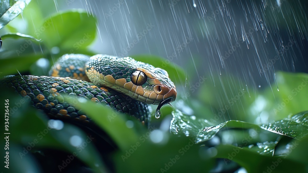 Snake navigating through a rain-soaked jungle, with glossy scales reflecting raindrops and blending into the lush vegetation around it. Snake navigating through a rain-soaked jungle, with glossy scales reflecting raindrops and blending into the lush vegetation around it.