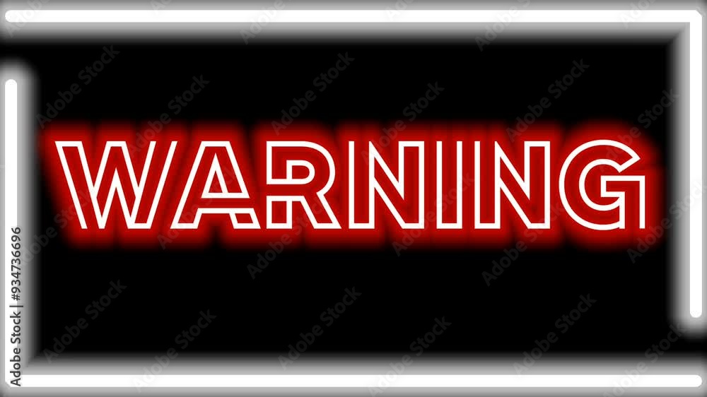 Red neon animation with WARNING with blinking effect and two white neon frame lines Red neon animation with WARNING with blinking effect and two white neon frame lines
