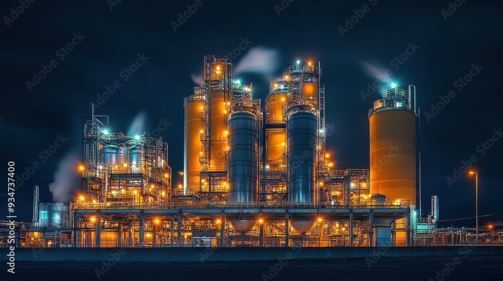 Naklejka premium Night View of an Illuminated Industrial Plant with Large Silos and Steam Pipes Under a Dark Sky. 