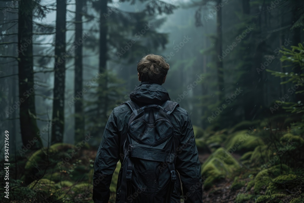 Man Walking Through Dark Forest with Detailed Background Man Walking Through Dark Forest with Detailed Background