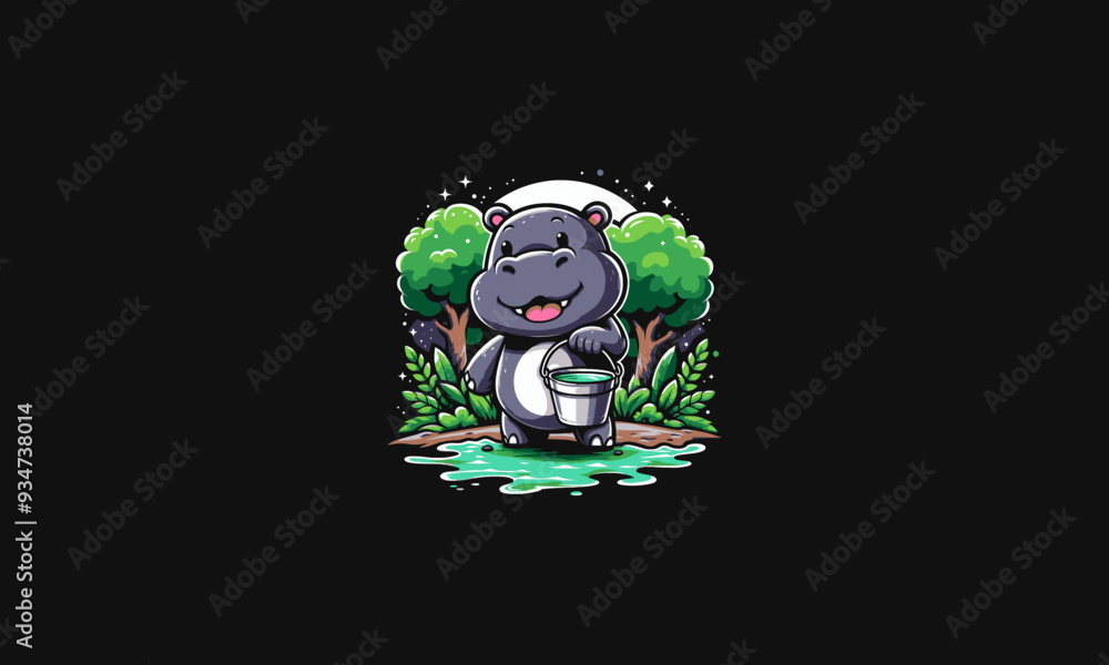 Fototapeta premium hippo holding bucket on forest vector artwork design