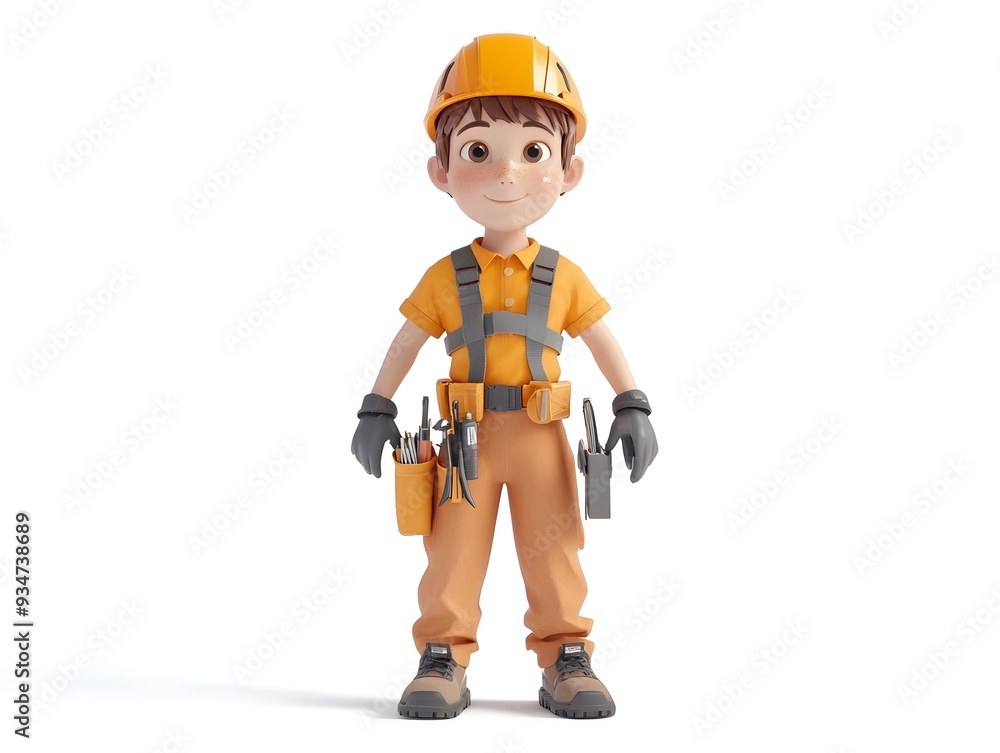 Energetic Electrician 3D rendered full body image of a young male character wearing an electrician s uniform standing confidently at the center of a plain white background with no shadows Energetic Electrician 3D rendered full body image of a young male character wearing an electrician s uniform standing confidently at the center of a plain white background with no shadows