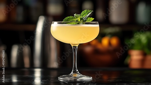 A refreshing yellow cocktail with a mint garnish, served on a bar counter, offering a burst of freshness.