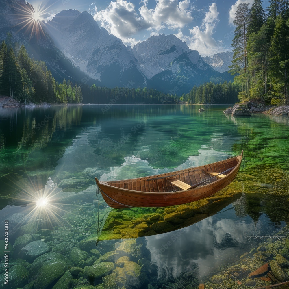 Wooden Boat on Tranquil Mountain Lake with Sunbeams and Clear Water Wooden Boat on Tranquil Mountain Lake with Sunbeams and Clear Water
