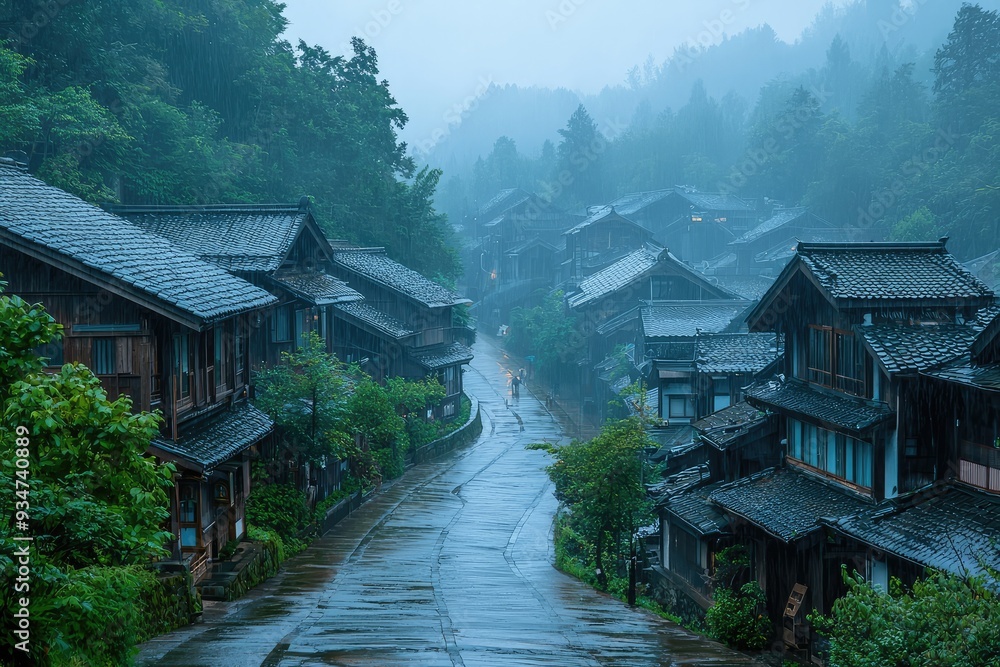 Misty morning in traditional Japanese village with wooden houses and cobblestone path Misty morning in traditional Japanese village with wooden houses and cobblestone path