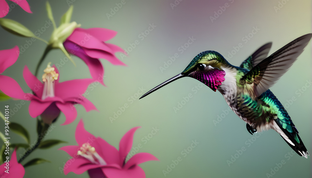 Naklejka premium Brown-tailed Hummingbird (Amazilia tzacatl), flying, rainforest, cloud forest, northwestern Ecuador, Ecuador, South America