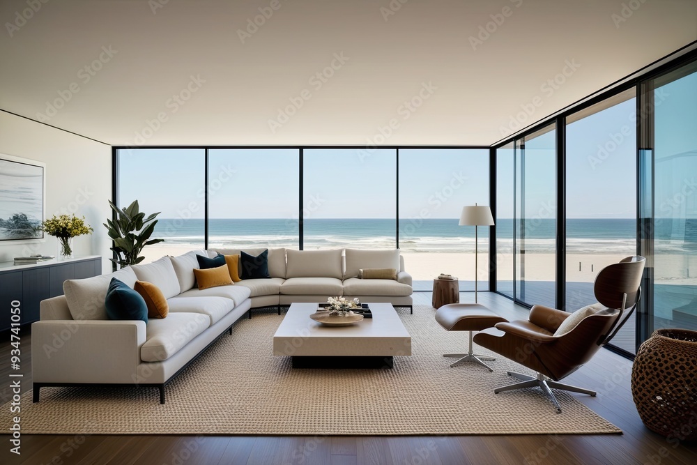 Minimalist Living Room with Panoramic Beach View and Elegant Interior Design Minimalist Living Room with Panoramic Beach View and Elegant Interior Design