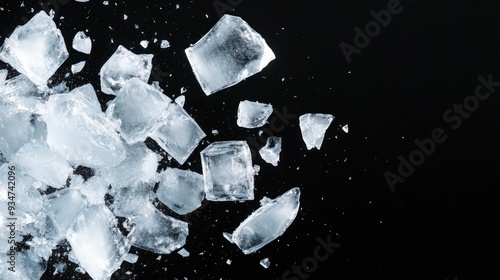 Shattered Ice Cubes, a dynamic explosion of crystalline structure, reflecting light against a dark backdrop, showcasing the beauty of frozen water in disarray