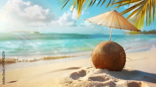 Tropical beach concept made of coconut fruit and sun umbrella. Creative minimal summer idea.