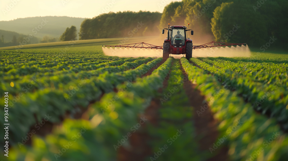 A tractor is seen spraying pesticide on an agricultural field A tractor is seen spraying pesticide on an agricultural field