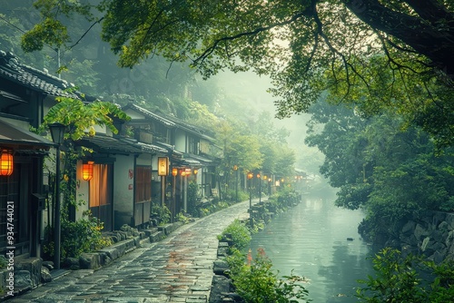 Peaceful Japanese village street with traditional houses and lanterns in misty forest