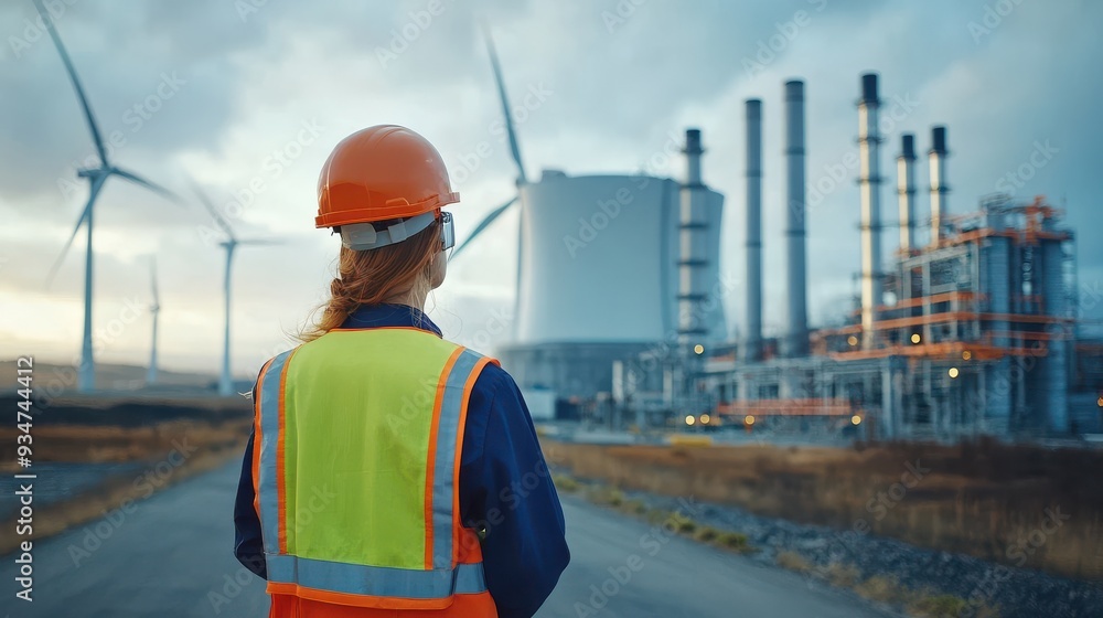 a Modern Windmill Power Station with Engineers in the Blurred Background. Emphasizes Renewable Energy, Innovation, and the Integration of Technology in Sustainable Power Generation. a Modern Windmill Power Station with Engineers in the Blurred Background. Emphasizes Renewable Energy, Innovation, and the Integration of Technology in Sustainable Power Generation.