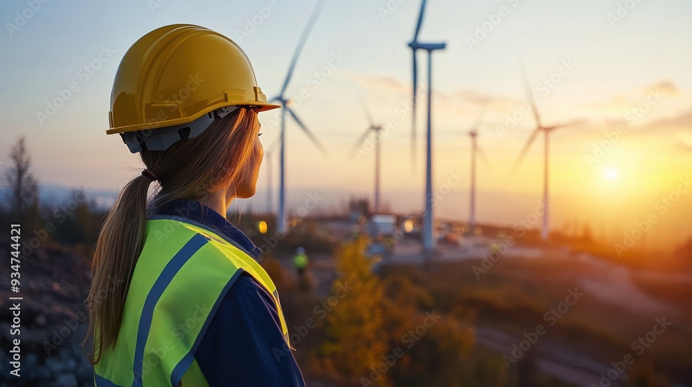 a Modern Windmill Power Station with Engineers in the Blurred Background. Emphasizes Renewable Energy, Innovation, and the Integration of Technology in Sustainable Power Generation. a Modern Windmill Power Station with Engineers in the Blurred Background. Emphasizes Renewable Energy, Innovation, and the Integration of Technology in Sustainable Power Generation.