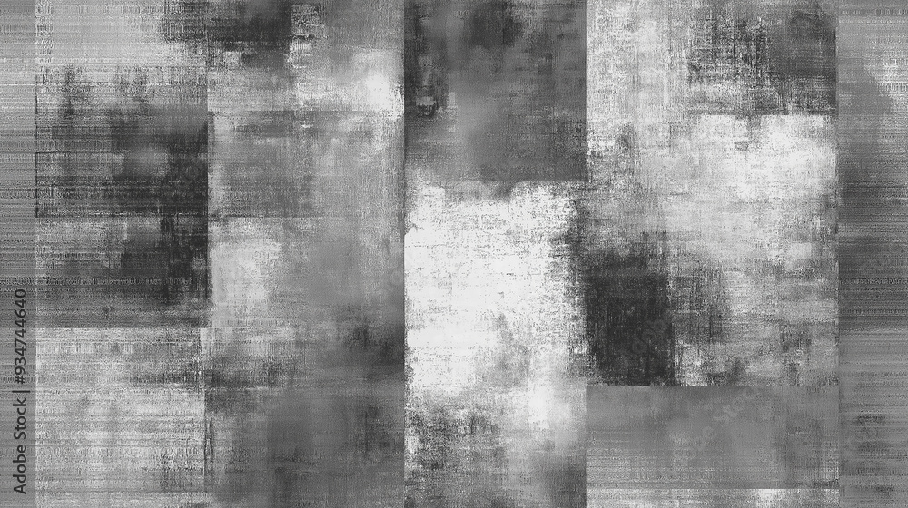 Obraz premium Abstract black and white textured pattern featuring rough, uneven squares and rectangles. This design has a distressed, industrial vibe, ideal for modern, edgy interior or graphic designs.