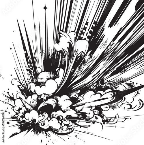 Dynamic manga motion effects with comic-style speed lines, action graphics, and explosive bursts on a clean white backdrop. Abstract illustration.