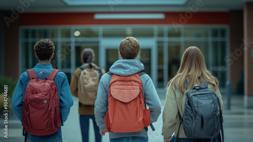 Four Students Walking Out of School