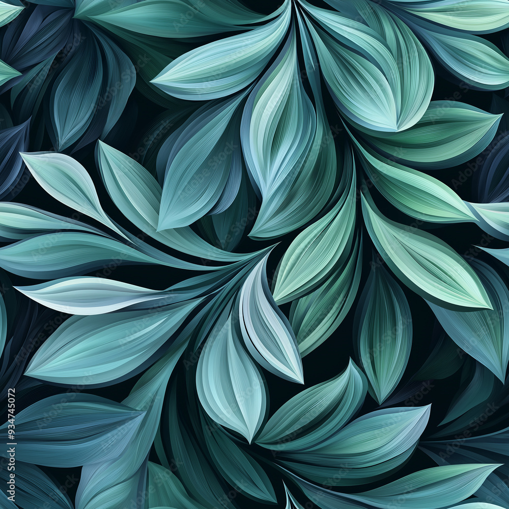 Serene seamless pattern of overlapping teal and green leaves on a dark background, evoking a sense of tranquility and nature. Serene seamless pattern of overlapping teal and green leaves on a dark background, evoking a sense of tranquility and nature.